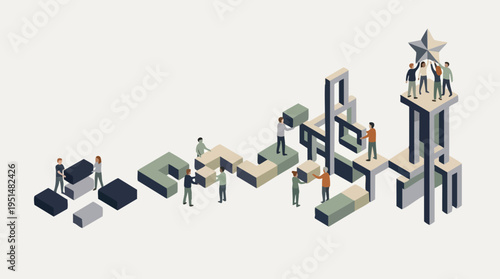 Business teamwork and collaboration with miniature figures working together to build success and reach goals in a conceptual 3D style