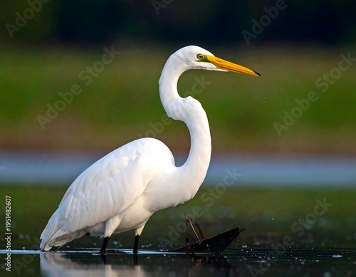 Majestic egret wading in shallows