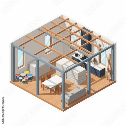 Isometric view of a house under construction with exposed framing and interior elements.