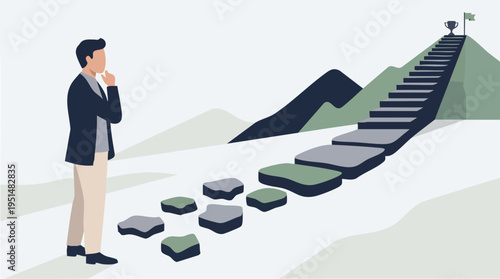 Businessman contemplating a challenging path towards success symbolized by a staircase leading to a trophy on a mountain summit