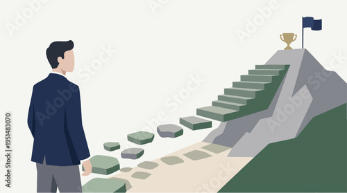 Businessman Facing a Stepping Path Leading to a Trophy at the Top of a Mountain, Representing Goals and Achievement