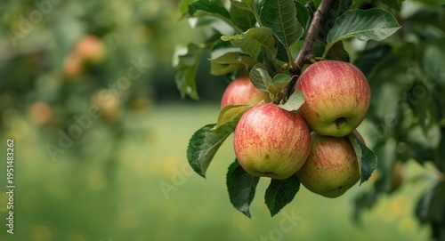 apple bunch hanging densely on a green tree branch in the garden
