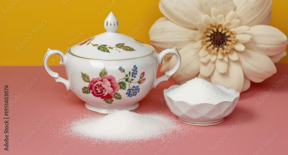 Fototapeta premium Refined porcelain sugar bowl paired with granulated sugar and floral decoration on colorful background