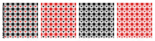A seamless gingham pattern set. Vichy checkered background with heart. Valentines Day Print.
