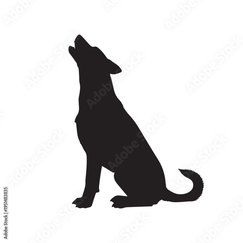A black silhouette of a dog sitting and howling at the moon