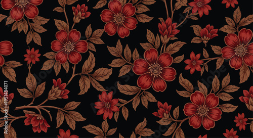Red Flowers on Black Background with Brown Leaves