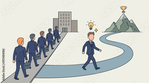Businesspeople Moving Toward Success on a Path Leading to Mountain with Trophy and Lightbulb Symbols