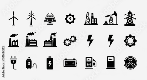 Energy Source Icons - Wind, Solar, Fossil Fuels, Nuclear, and Electricity.