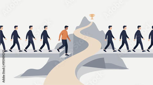 Businesspeople Walking Towards a Mountain with a Trophy on Top Representing Goals and Success