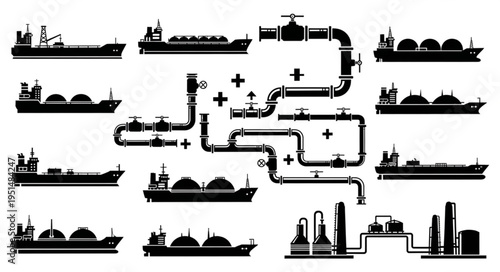 Silhouette of LNG ships and industrial pipeline system.