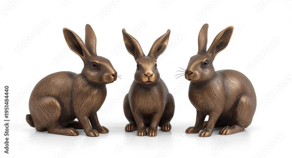 Fototapeta premium Rustic bronze and brass rabbit collectible set on plain white background