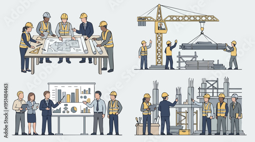 Construction Engineers and Workers Analyzing Blueprints, Operating Crane and Building Structures at Construction Site