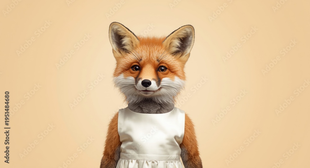 Fototapeta premium endearing fox clad in a smooth white dress showcased in cheerful cartoon art
