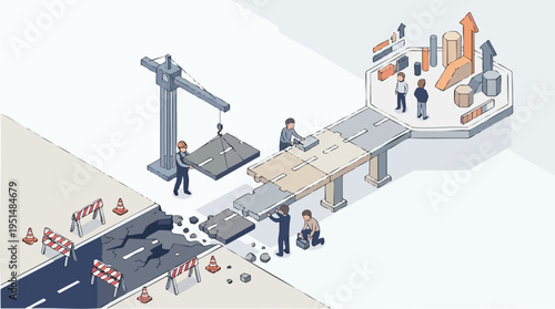 Construction Workers Installing a Large Pavement Section with Heavy Machinery and Safety Barriers in a Modern Infrastructure Project