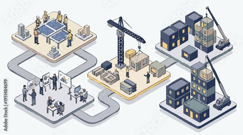 Construction Site and Business Team Collaboration with Building Plans and Crane Operations in a Modern Urban Development