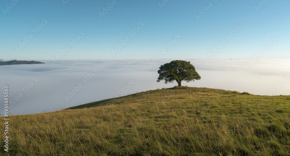 Obraz premium Photograph of a meadow hill with a tree under layered cloudy atmosphere