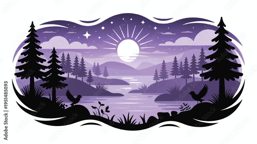 Fototapeta premium Purple twilight landscape with moon, stars, water, pine trees, and rounded hills