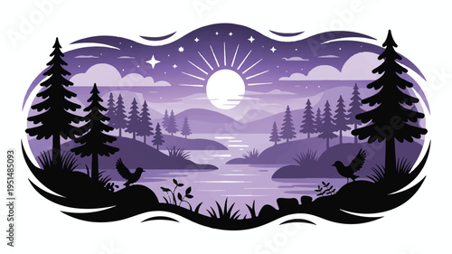 Purple twilight landscape with moon, stars, water, pine trees, and rounded hills