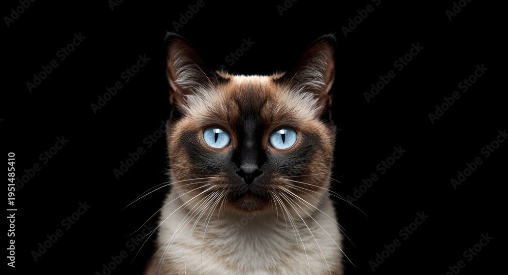 Fototapeta premium Headshot of a Siamese cat featuring sparkling blue eyes and strong dark highlights against black background