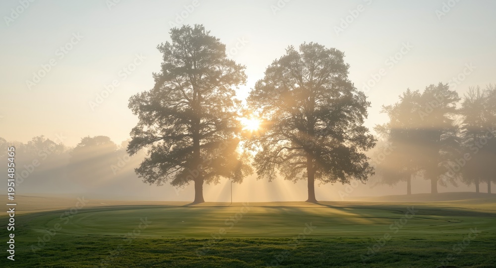 Obraz premium Misty dawn with golden light rays shining through tall trees on a tranquil golf course
