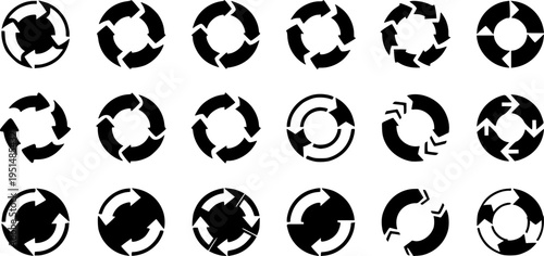 Circle arrows icon set. Rotate arrow symbols. Round recycle, refresh, reload or repeat icon. Modern simple arrows. Vector illustration.
