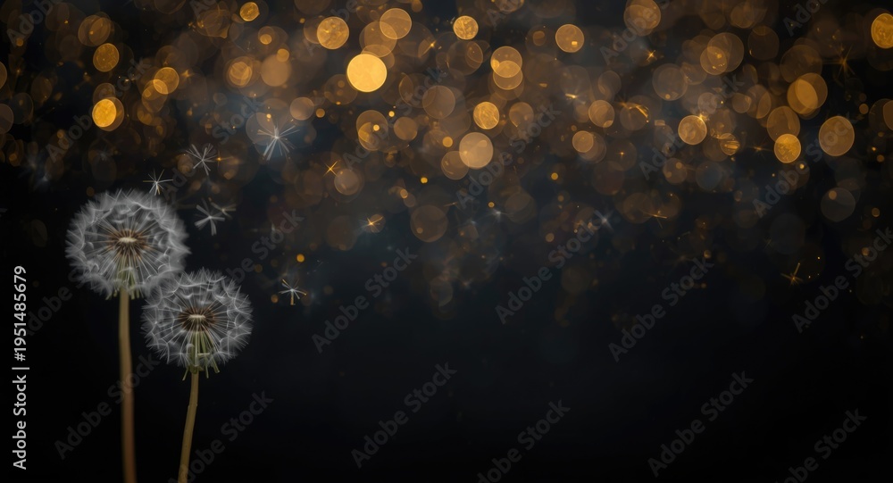 Fototapeta premium Blurred abstract dark backdrop with golden sparkle accents and dandelion seed heads including copy space