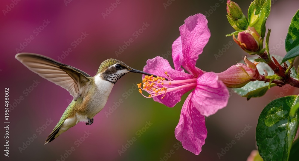 Obraz premium A joyful hummingbird feeding on nectar from a vibrant pink blossom