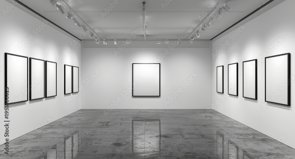 Obraz premium Open gallery environment featuring minimalist black and white decor and empty frame displays