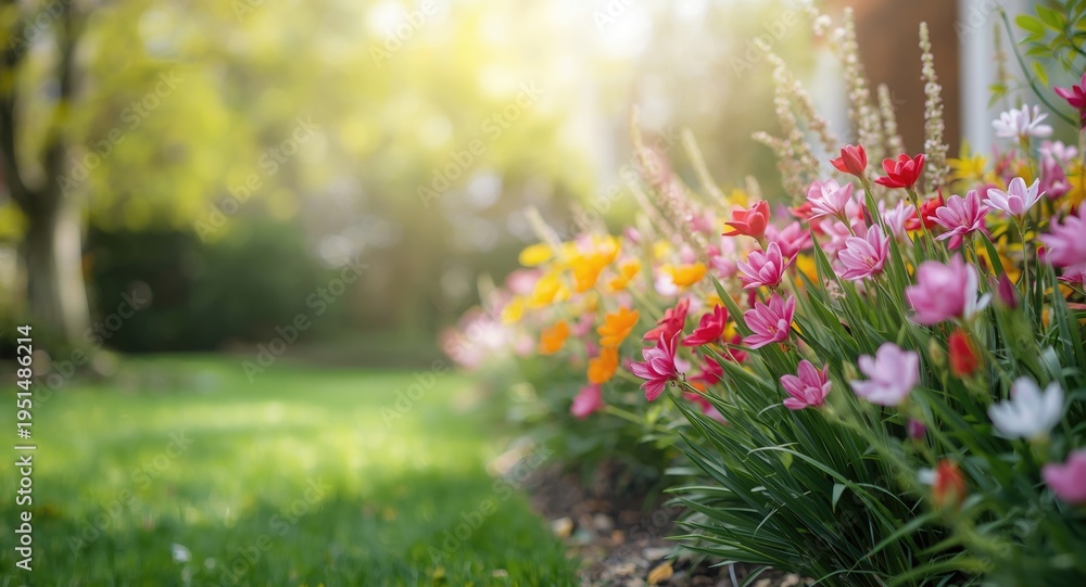 Obraz premium Lush green garden adorned with a spectrum of colorful blooming flowers