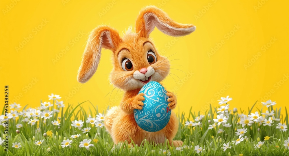 Obraz premium Playful orange bunny with a blue Easter egg on a lively yellow background depicting festive spring traditions