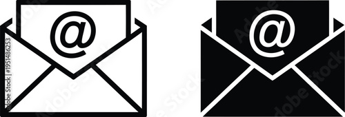 Email Icon Vector, open letter with @ symbol, email correspondence, digital communication, web and mobile interface, minimalist flat design