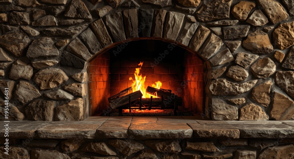Fototapeta premium Inviting stone fireplace glowing with bright fire