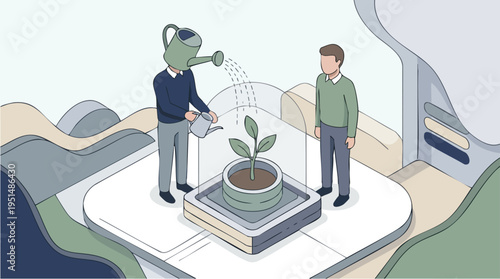 Digital Concept of Plant Growth and Biotechnology with Two Men and a Small Plant in a Modern Environment