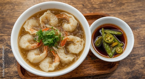 Favorite Chinese shrimp dumpling soup with wanton broth and side of green pickled chili and soy sauce