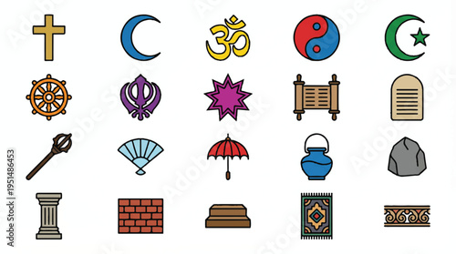 Collection of diverse religious symbols and cultural icons representing world religions and beliefs