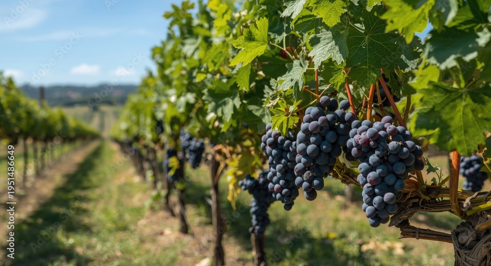 Obraz premium Fresh grapes growing in a lush vineyard field on a sunny day