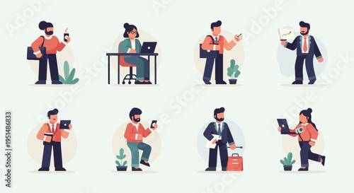 Flat illustrated professionals engaged in various office and business tasks