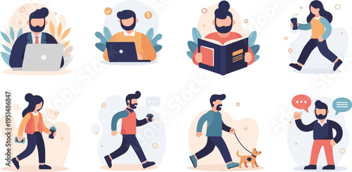 Flat illustrations depict people engaged in various daily activities like working, reading, and walking pets