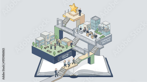 Creative multi-level infographic illustration showing learning campus, professional work zone, and achievement concept in a detailed cutaway style