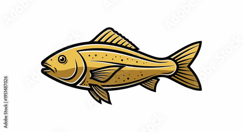 A stylized golden fish with black outlines and dots