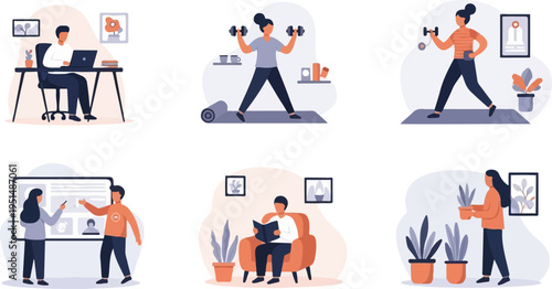 Scenes of indoor activities work, exercise, learning, and plant care