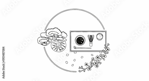 Traditional Japanese tea ceremony with bonsai, matcha tools, and cherry blossoms