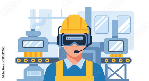 Industrial Worker with VR/AR Headset Supervising Smart Factory Operations - Augmented Reality in Modern Manufacturing and Industry 4.0