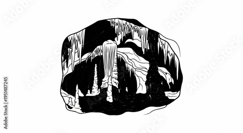 Stylized black and white cave interior with stalactites and stalagmites