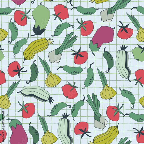 Seamless repeating pattern with vegetables. Stylized vector line art. Abstract colorful illustrations on beige background. Healthy food, carbs, veganism concept