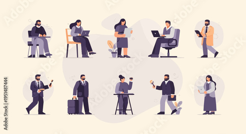Stylized illustration of people in professional attire engaged in various work activities