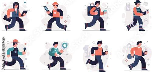 Diverse cartoon characters in motion, each representing different professions and activities