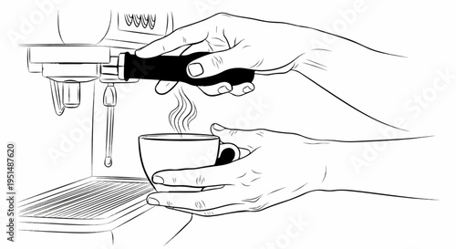 Hands making fresh hot espresso with steam rising from cup