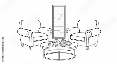 Two armchairs flank a coffee table with shells and a tall framed picture