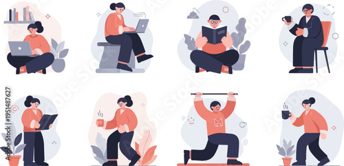 Diverse characters engage in various leisure activities like reading, working, and exercising